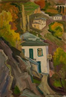 Makrinitsa from Above: House Without Sky — Oil painting, Canvas, 35.00×50.00cm — Theodoros Markellos